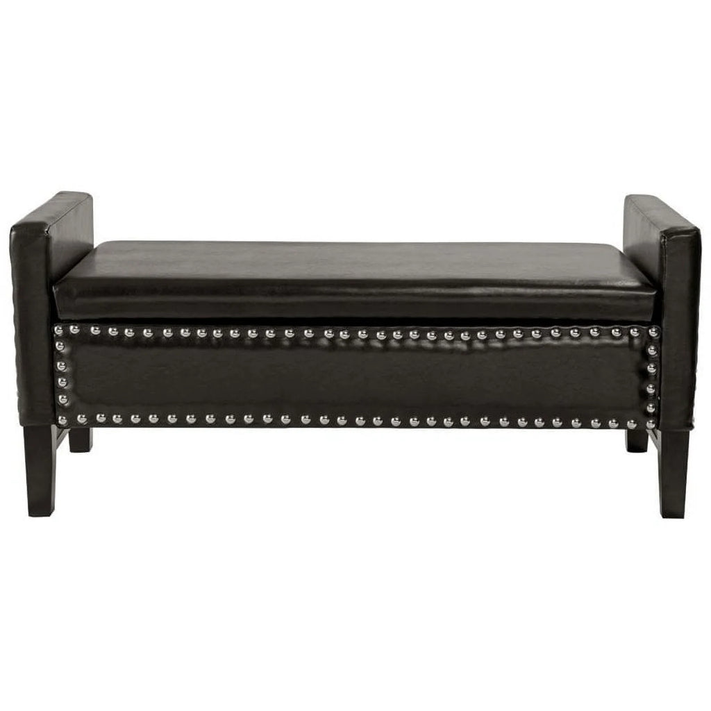 Espresso Faux Leather Storage Bench with Nailhead Trim Y512