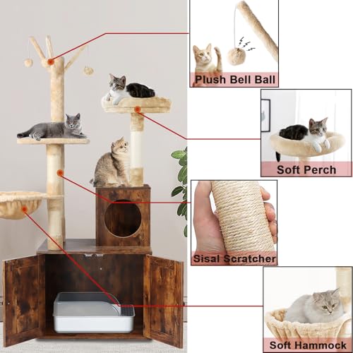 2-in-1 Wooden Cat Tree Tower with Litter Box Enclosure P48294