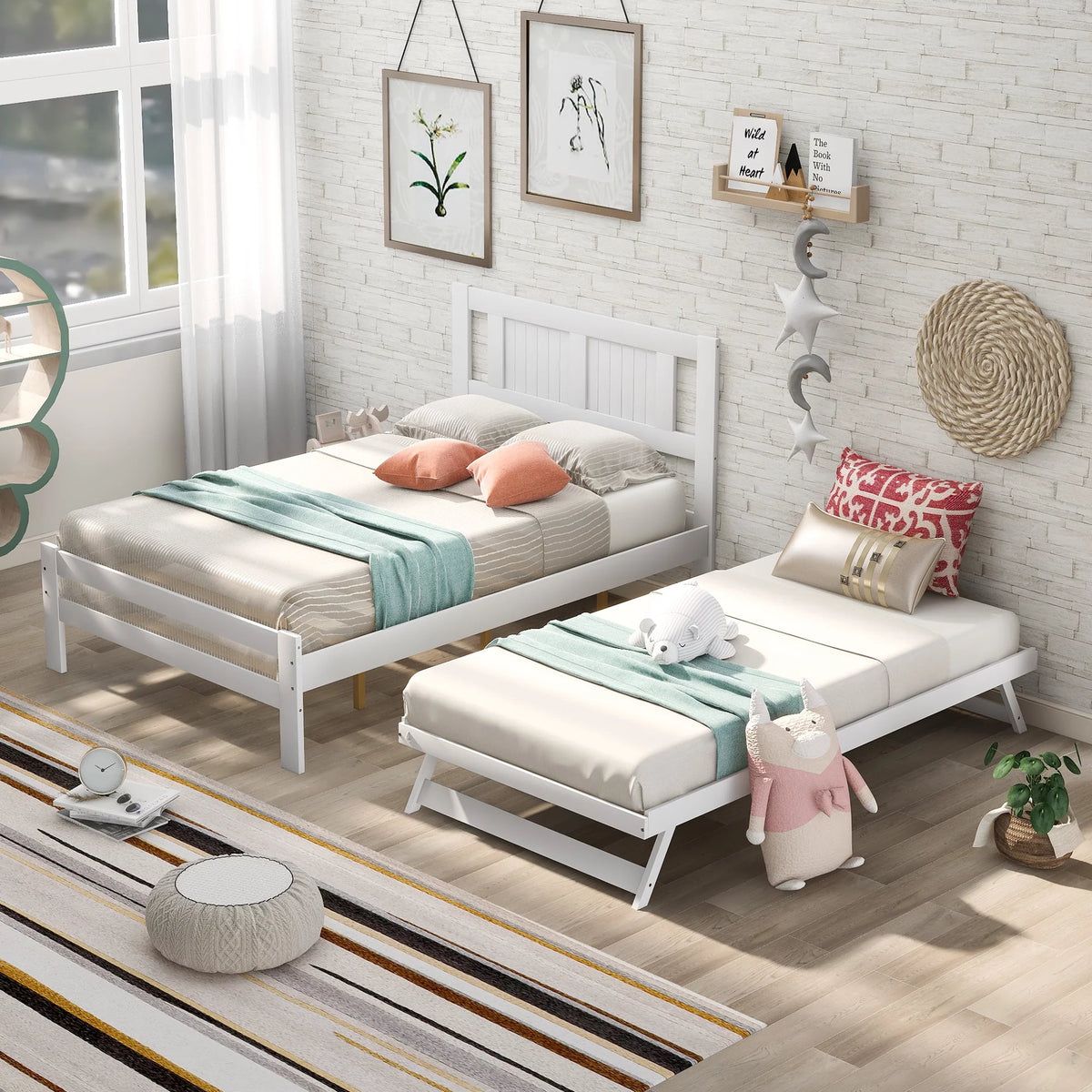 Platform Bed with Adjustable Trundle, Solid Wood, Headboard C5747
