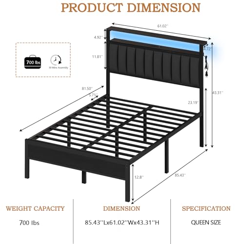 Full Size Bed Frame with Charging Station and LED Lights T877964