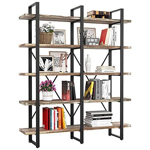 Double Wide 5-Tier Open Bookcase Wood and Metal Shelves K2378