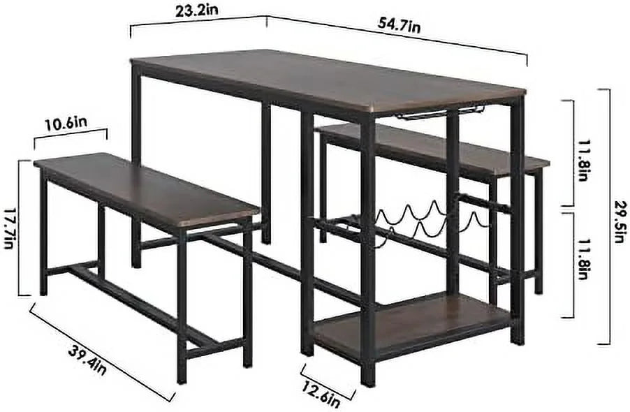 3-Piece Rustic Wood Dining Table Set with Benches K617