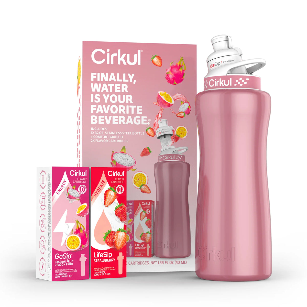 32oz Rose Gold Stainless Steel Water Bottle Starter Kit with Lid and 2 Flavor Cartridges U534492