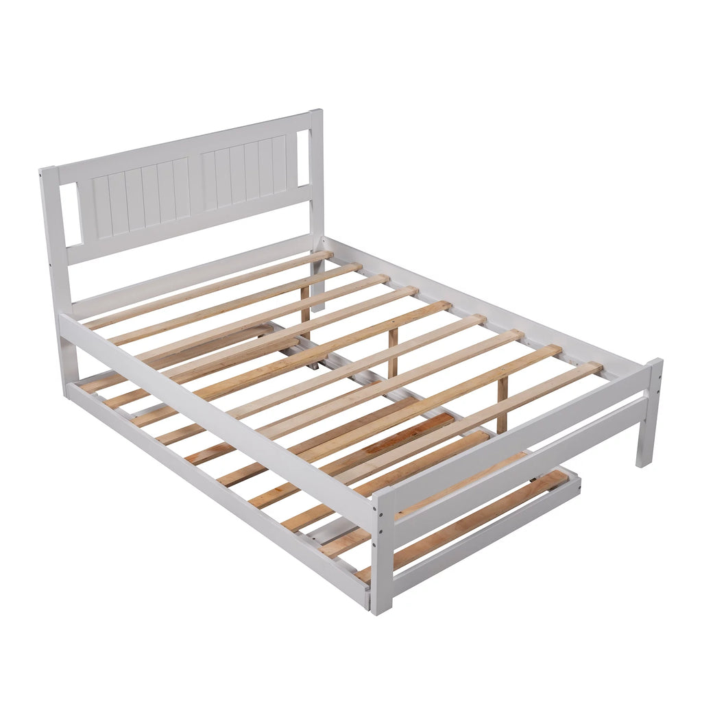 Platform Bed with Adjustable Trundle, Solid Wood, Headboard C5747