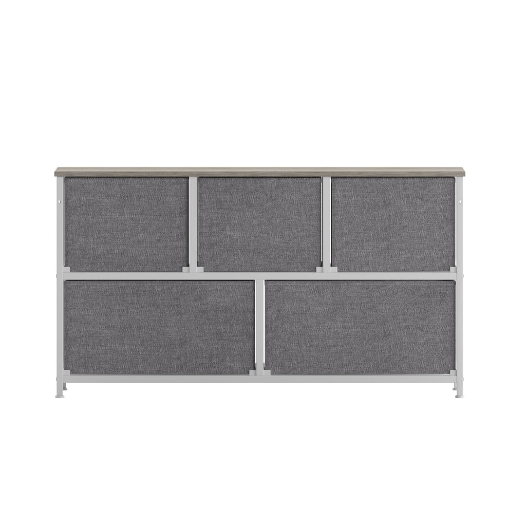5 Drawer Storage Dresser with White Cast Iron Frame and Light Natural Wood Top D9239