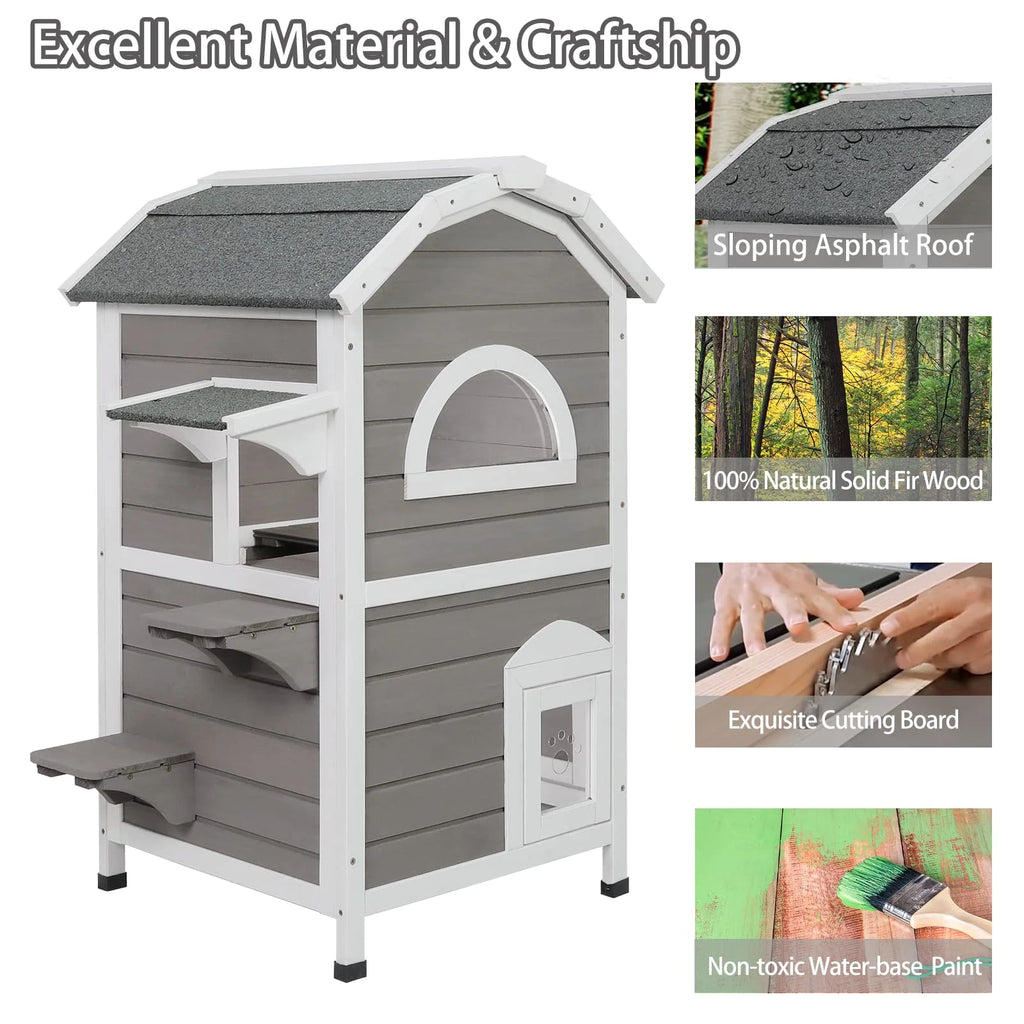 Weatherproof Two Story Wooden Outdoor Cat House R429