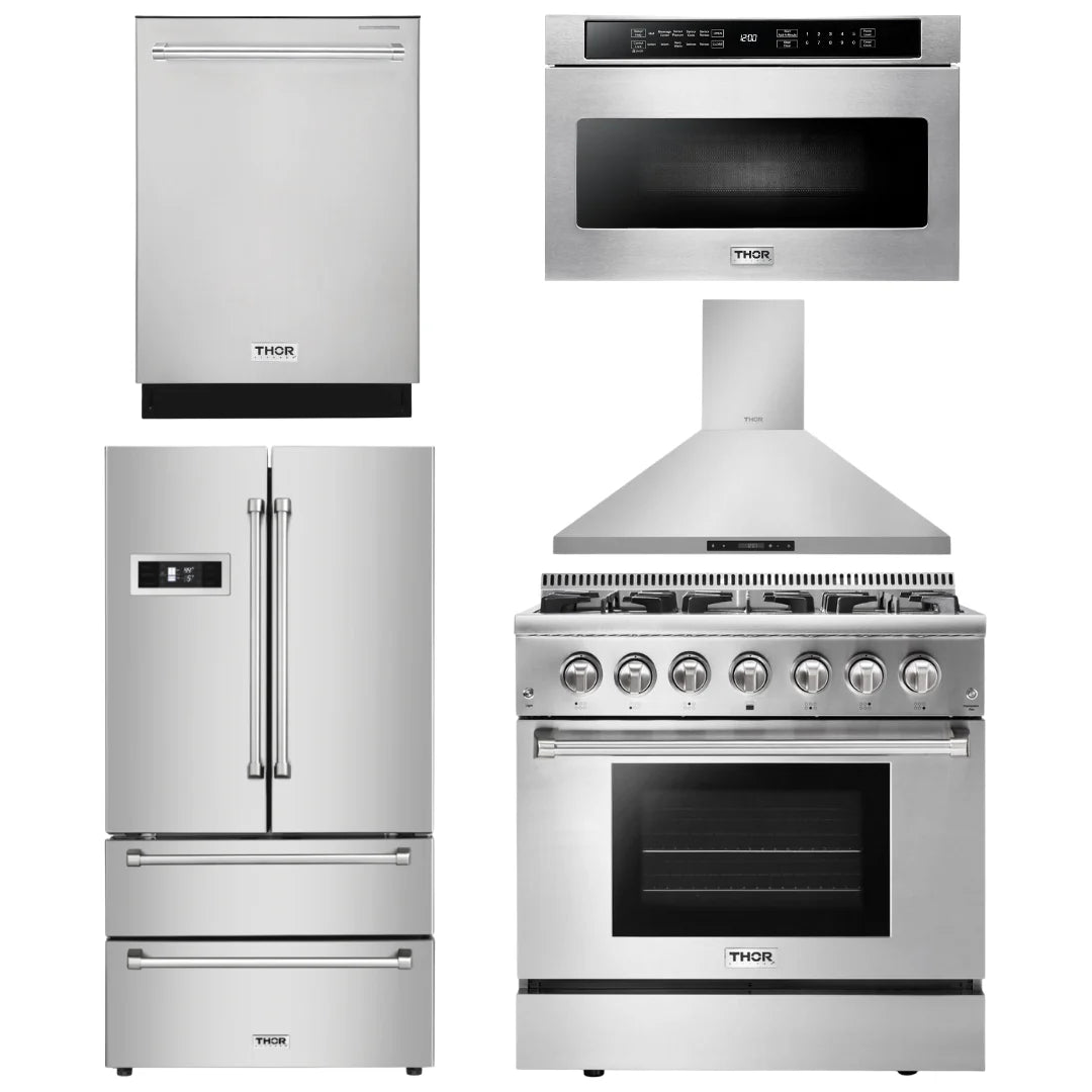 36 Propane Dual Fuel Range, Range Hood, Microwave, Refrigerator, Dishwasher G496