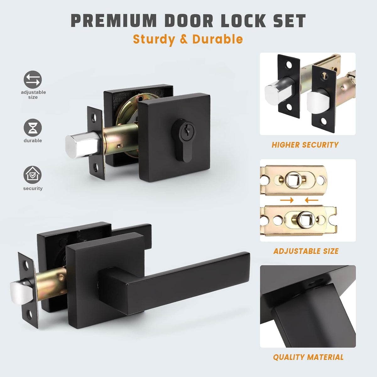 6 Pack Square Matte Black Door Handle Set with Double Keyed Deadbolt E627