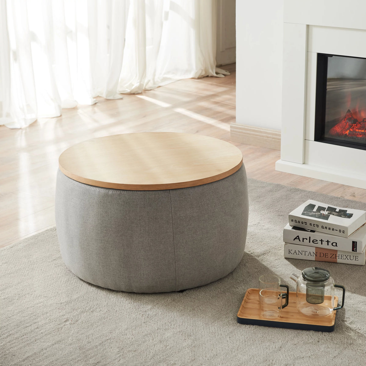 Grey Round Storage Ottoman with Wood Tray S88918