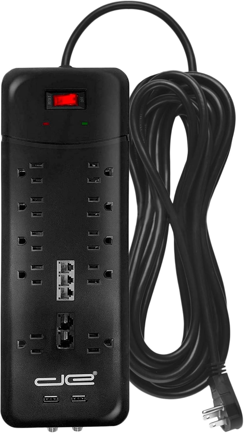Black 10-Outlet Surge Protector Power Strip, 25 Foot Extension Cord, Pack of 2 Q1149