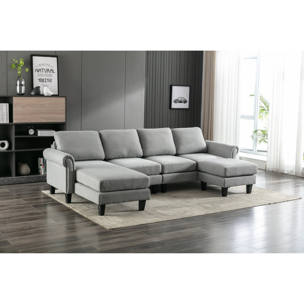 Charcoal Grey Linen U-shape Sofa Set with Reversible Ottomans Z77557