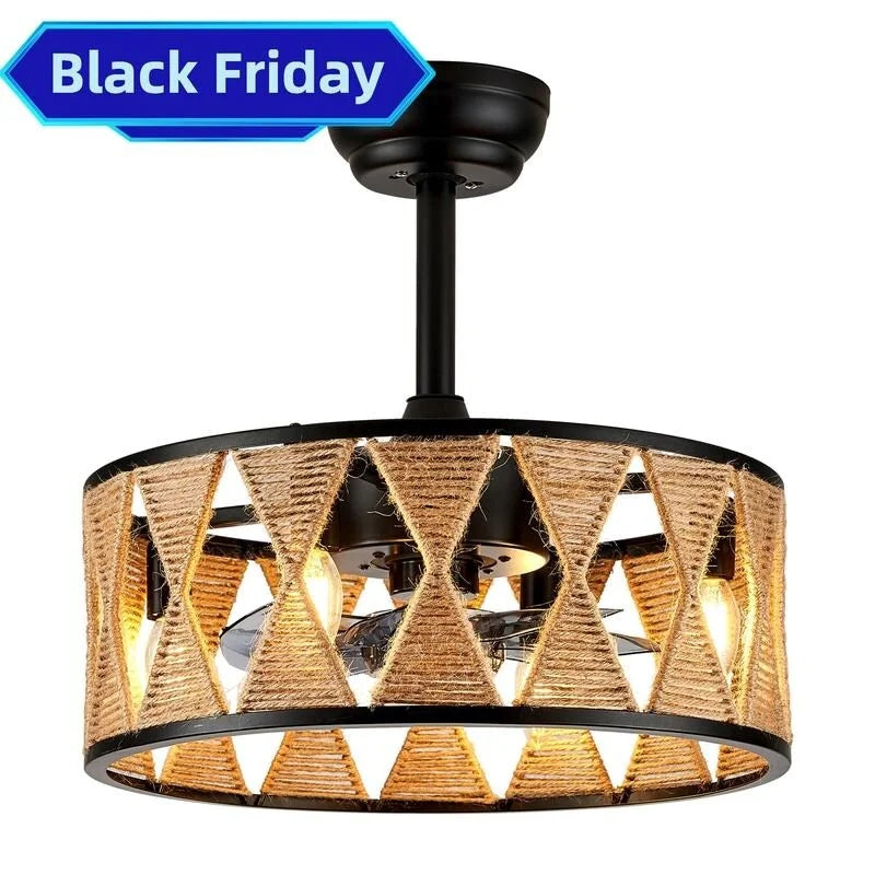 Rustic Caged Ceiling Fan with Lights and Remote I972520