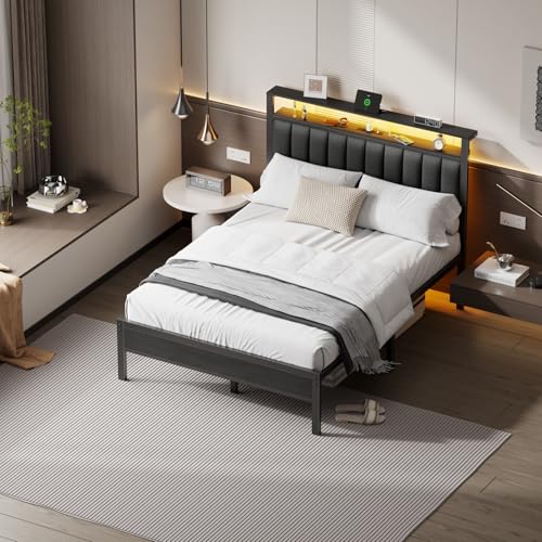 Full Size Bed Frame with Charging Station and LED Lights T877964