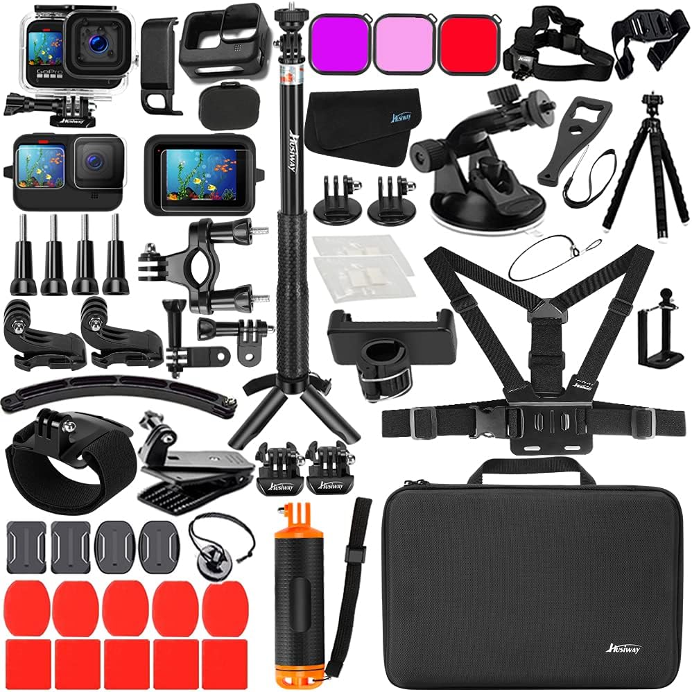 Battery Cover Door Waterproof Housing Silicone Case Glass Screen Protector Grip Pole Bundle for Gopro Hero 10 9 Black U5171