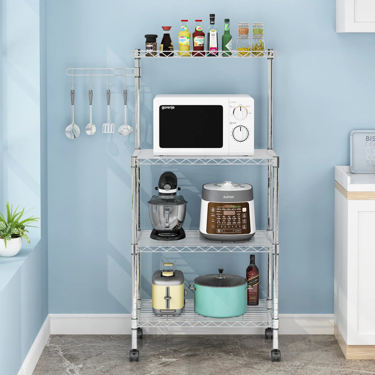 4-Tier Chrome Kitchen Storage Rack with Hanging Hooks E87836