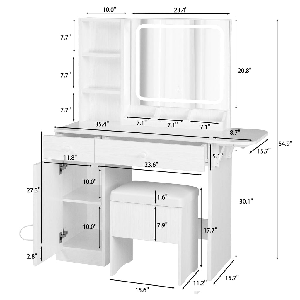 White Vanity Desk with Lighted Mirror and Storage Stool E917355