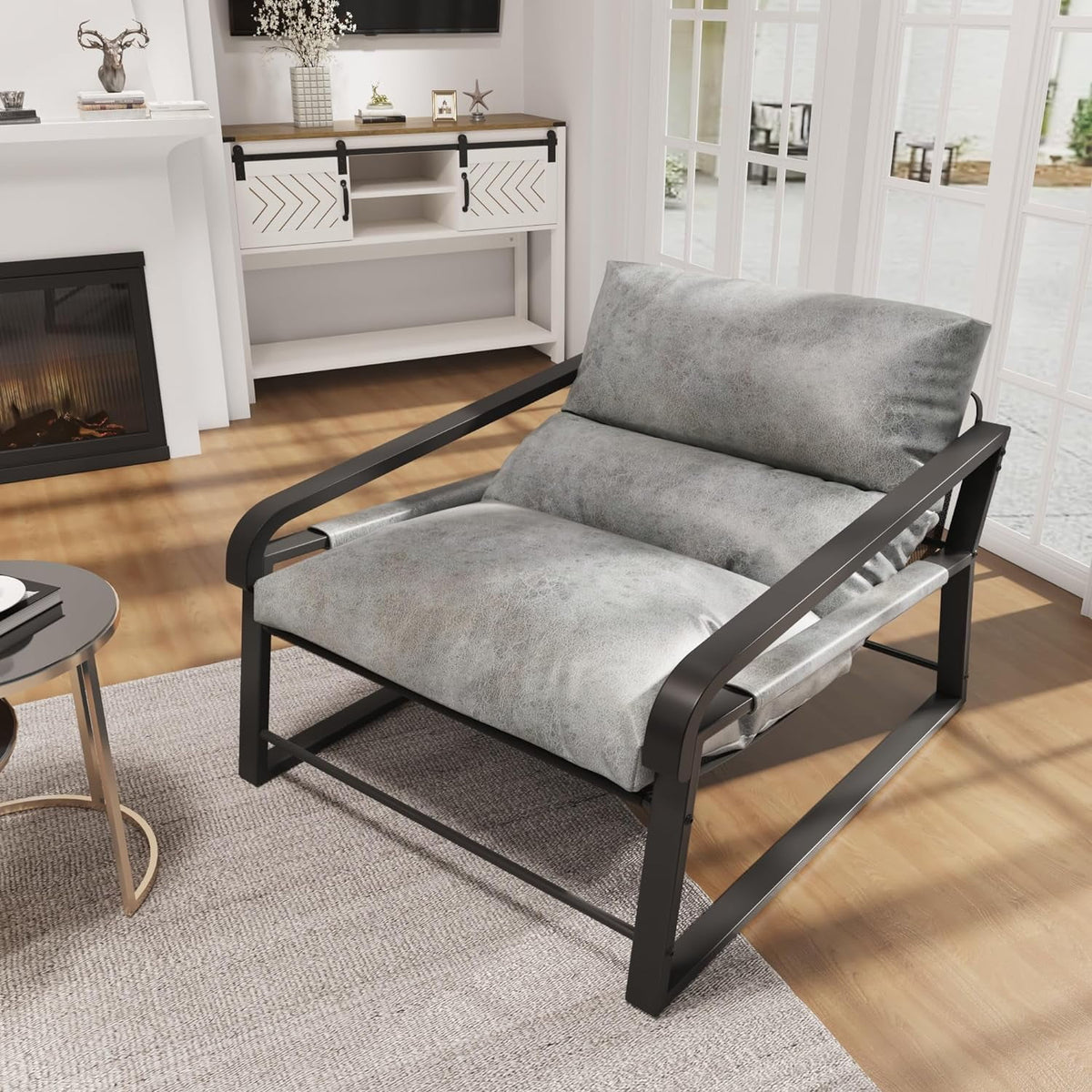 Oversized Upholstered Accent Chair with Wood Armrest, Grey D469