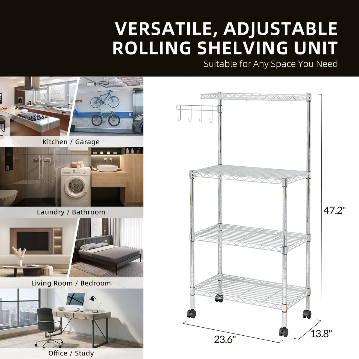 4-Tier Chrome Kitchen Storage Rack with Hanging Hooks E87836