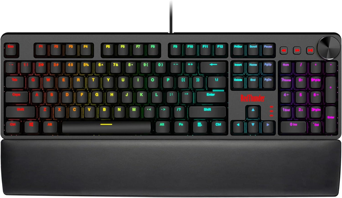 RedThunder K55 Mechanical Gaming Keyboard, Quiet Red Switch, Chroma RGB Lighting, Soft Leather Wrist-Rest, Standard Full Size Wired Keyboard with Dedicated Media Keys & Dial for PC V854144