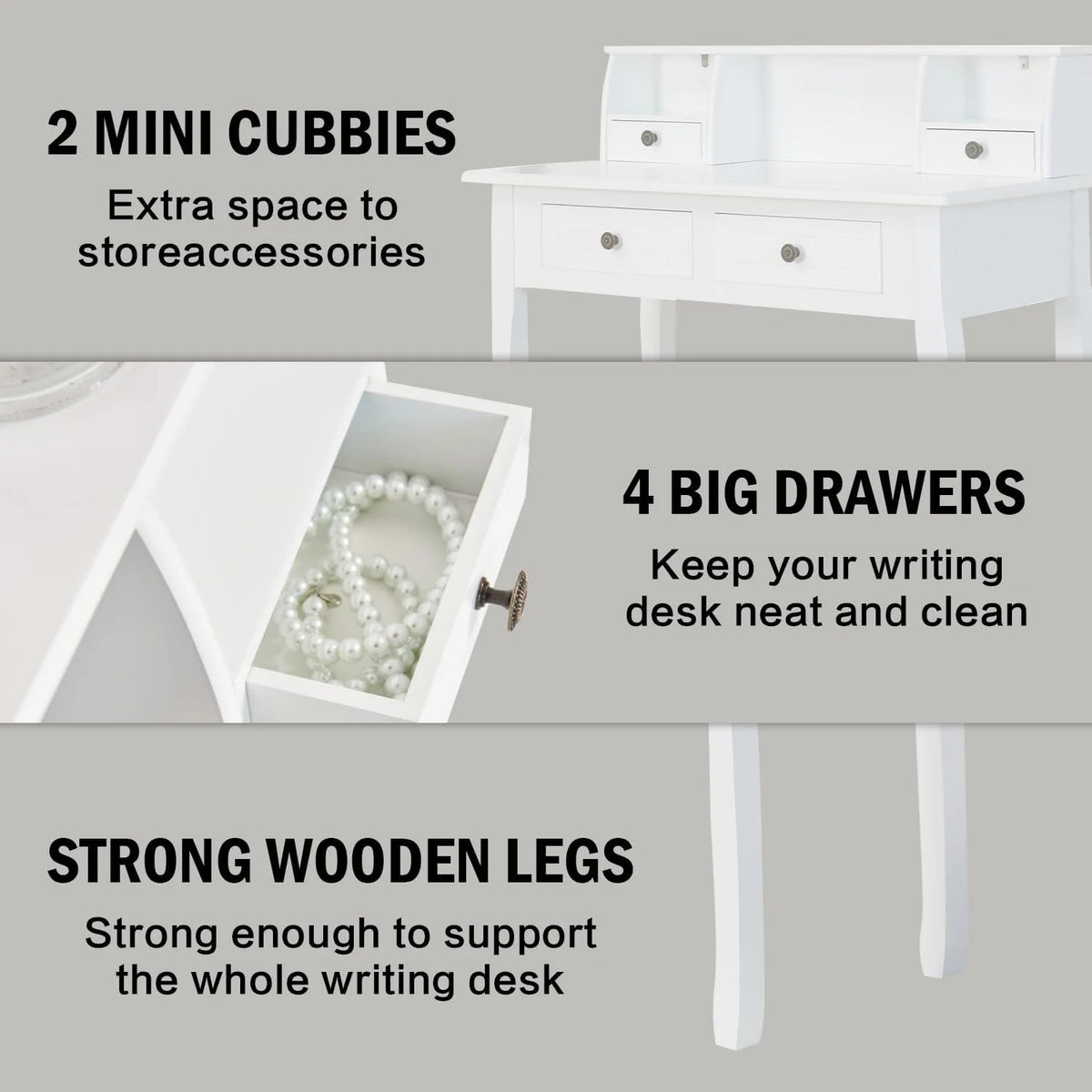 White 32 Inch Writing Desk with Storage Drawers S338508