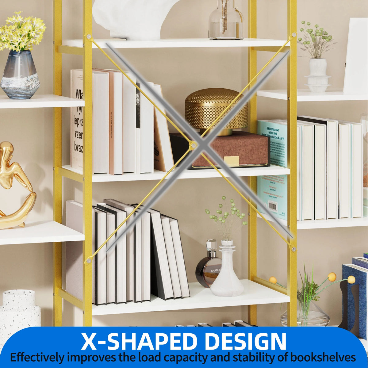 5-Tier Gold and White Bookshelf O72175