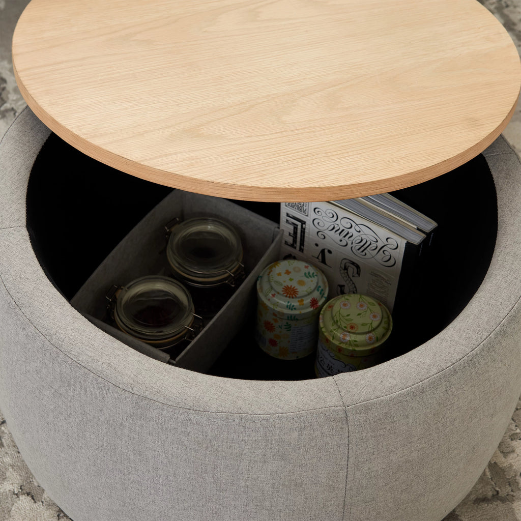 Grey Round Storage Ottoman with Wood Tray S88918