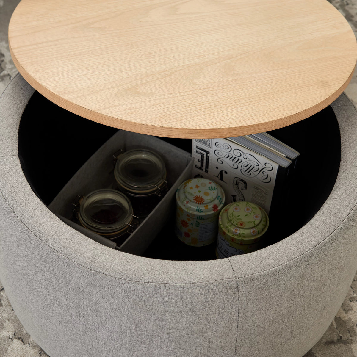 Grey Round Storage Ottoman with Wood Tray S88918