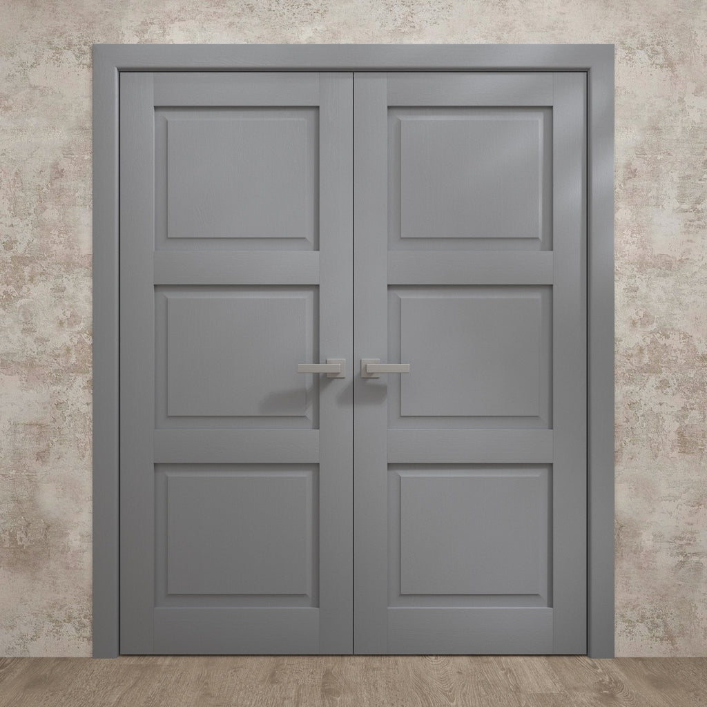 Solid French Double Doors 36 x 80 inches Painted Grey Oak Wood V110028