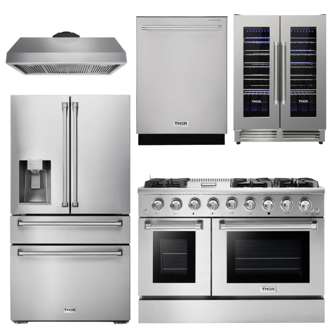 48 Gas Range, Range Hood, Refrigerator with Water and Ice Dispenser, Dishwasher, Wine Cooler L2147