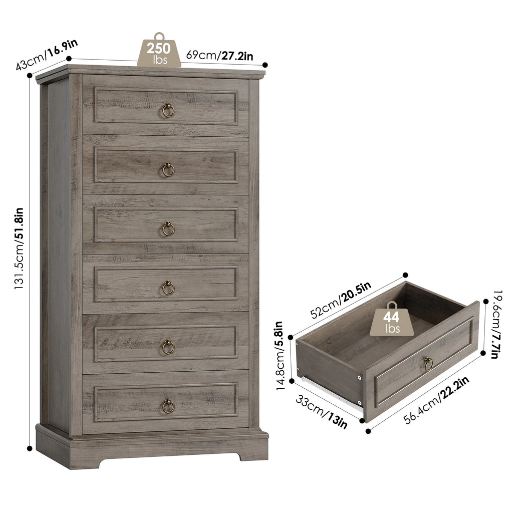 6 Drawer Tall Wood Dresser D258