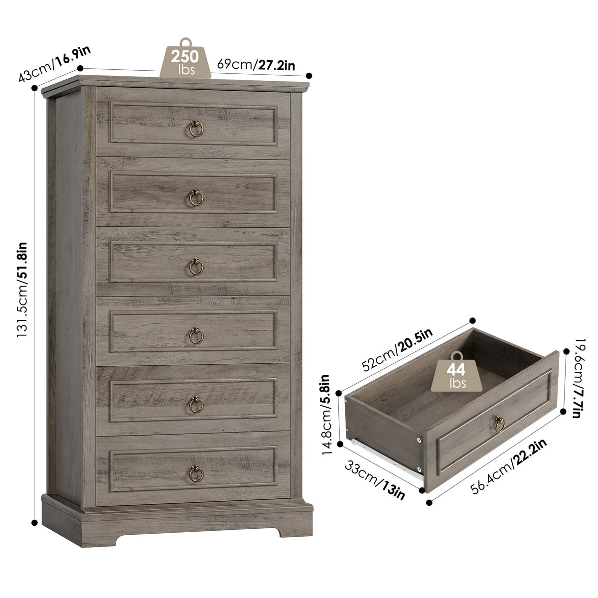 6 Drawer Tall Wood Dresser D258