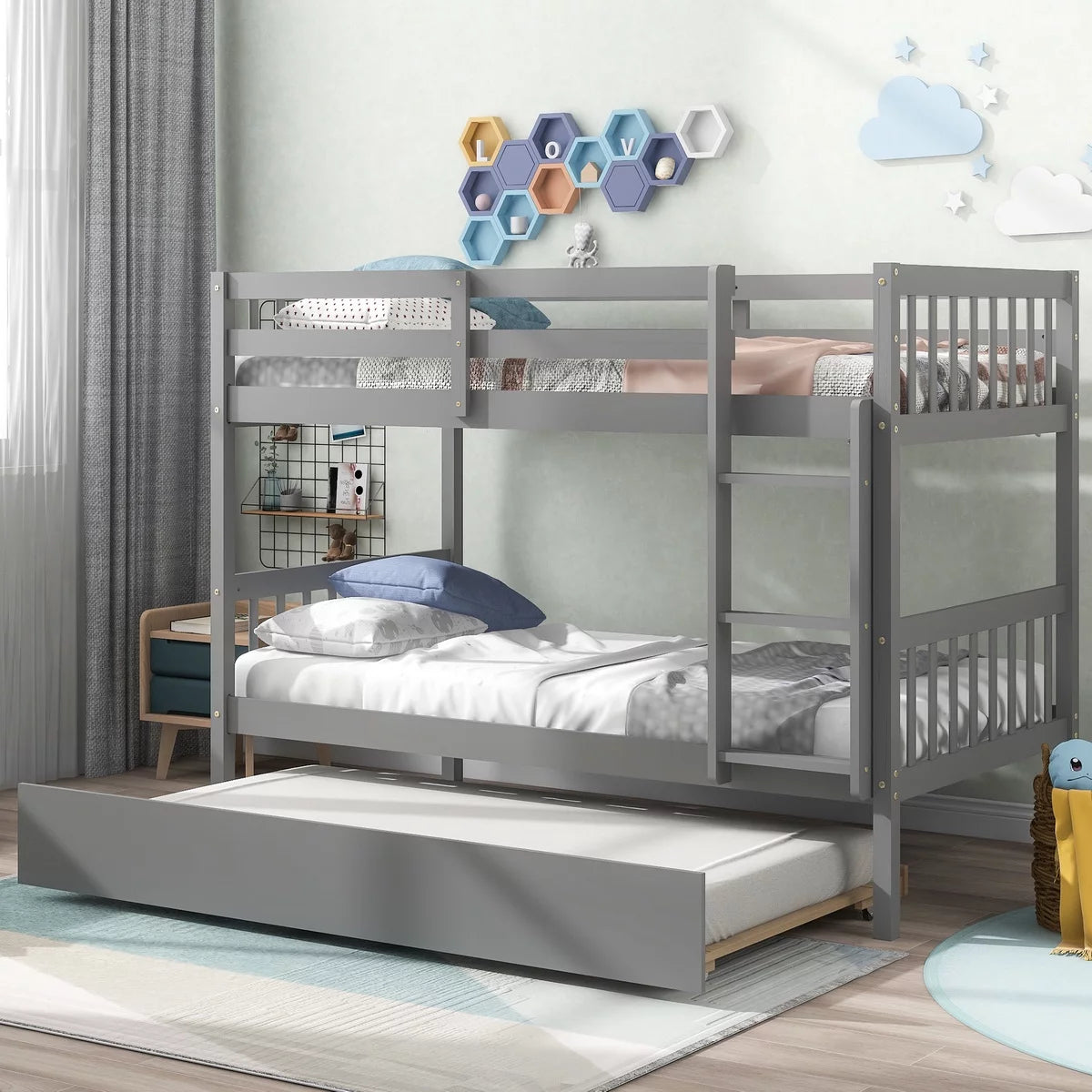 Twin Over Twin Wood Bunk Bed with Ladder and Trundle U562178