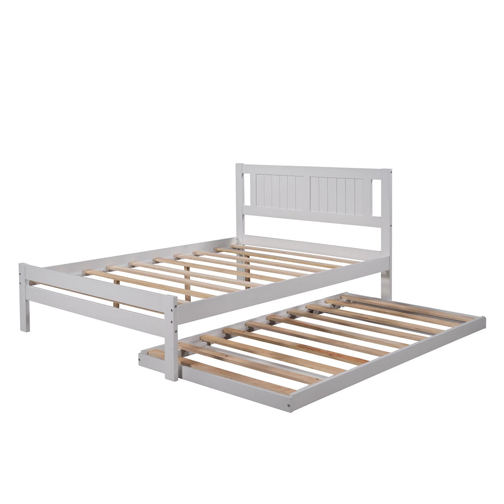 Platform Bed with Adjustable Trundle, Solid Wood, Headboard C5747